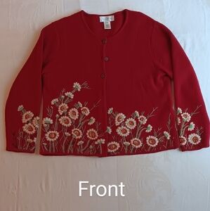 Susan Bristol red knit cardigan sweater 100% wool hand embroidered XL